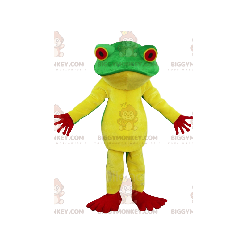 Disfraz de mascota BIGGYMONKEY™ de rana verde, amarilla y roja