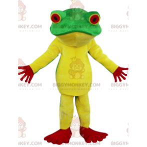 Costume de mascotte BIGGYMONKEY™ de grenouille verte, jaune et