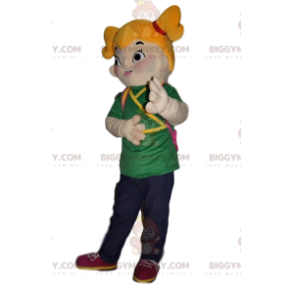 Little Girl BIGGYMONKEY™ Mascot Costume with Blonde Pigtails –