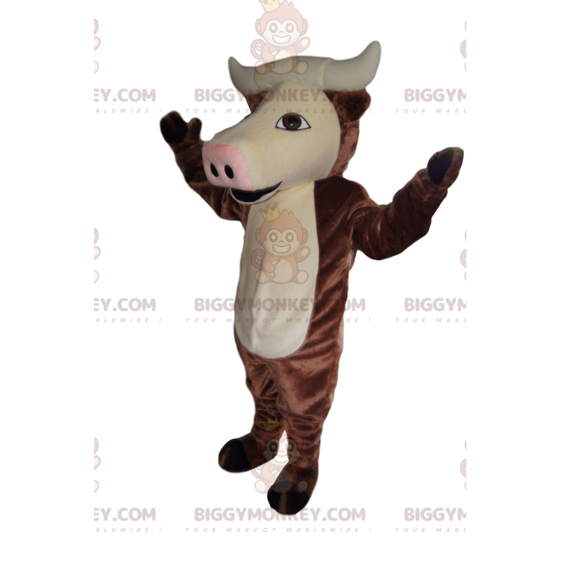 BIGGYMONKEY™ maskotdräkt av brun ko med vackra horn. -