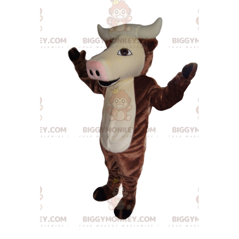 Traje de mascote BIGGYMONKEY™ de vaca marrom com belos chifres.