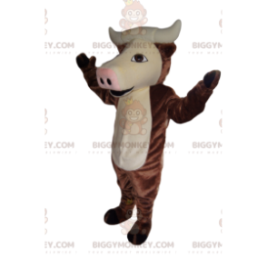 BIGGYMONKEY™ mascottekostuum van bruine koe met mooie hoorns. -