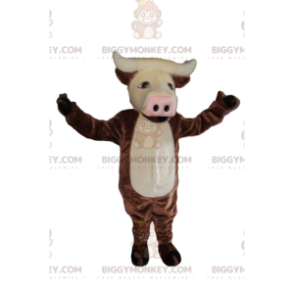 BIGGYMONKEY™ mascot costume of brown cow with beautiful horns.