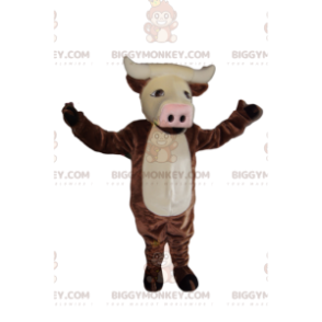 Traje de mascote BIGGYMONKEY™ de vaca marrom com belos chifres.