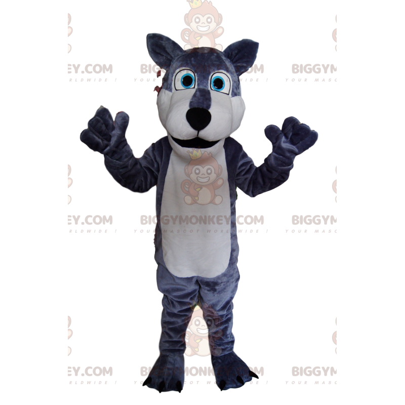 BIGGYMONKEY™ costume mascotte di un lupo grigio e bianco, con