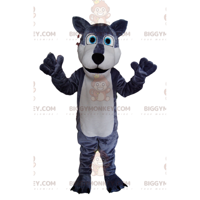 BIGGYMONKEY™ mascot costume of a gray and white wolf, with