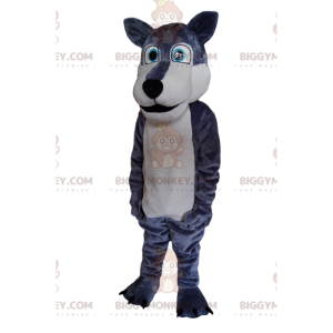 Traje de mascote BIGGYMONKEY™ de um lobo cinza e branco, com