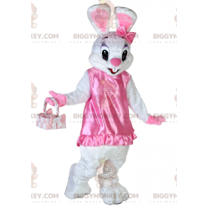 Disfraz de mascota BIGGYMONKEY™ Conejo blanco con vestido rosa