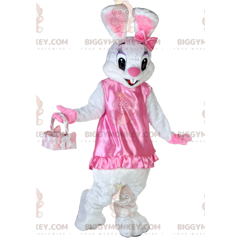 Costume de mascotte BIGGYMONKEY™ de lapin blanc en robe rose