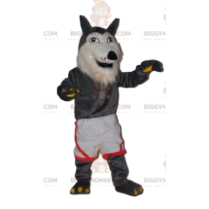 Costume da mascotte BIGGYMONKEY™ lupo grigio molto allegro con