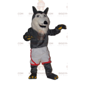 Disfraz de mascota BIGGYMONKEY™ de lobo gris muy alegre con