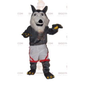 Velmi veselý kostým maskota šedého vlka BIGGYMONKEY™ s bílými