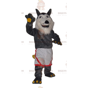 Traje de mascote BIGGYMONKEY™ de lobo cinzento muito alegre com