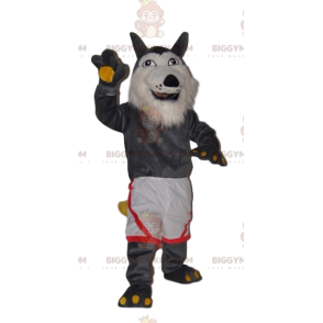 Traje de mascote BIGGYMONKEY™ de lobo cinzento muito alegre com