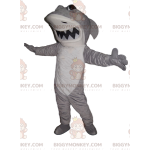 Costume de mascotte BIGGYMONKEY™ de requin féroce blanc et gris