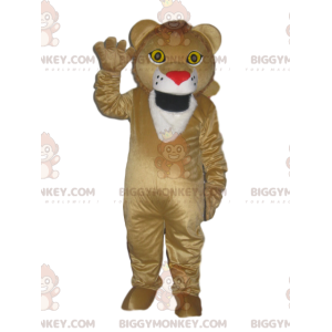 Beżowy lew maskotka BIGGYMONKEY™ z czerwonym pyskiem w