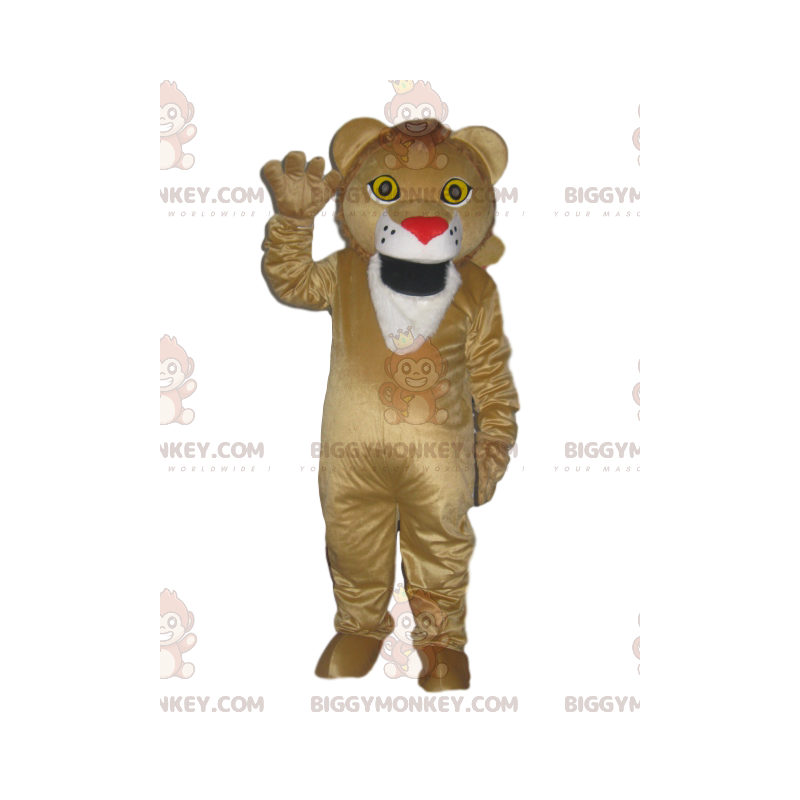 Disfraz de mascota BIGGYMONKEY™ de león beige con bozal rojo en