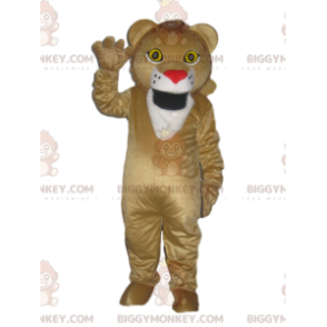 Disfraz de mascota BIGGYMONKEY™ de león beige con bozal rojo en
