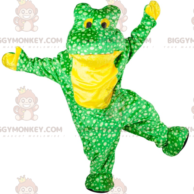 BIGGYMONKEY™ Costume da mascotte rana verde e gialla con pois