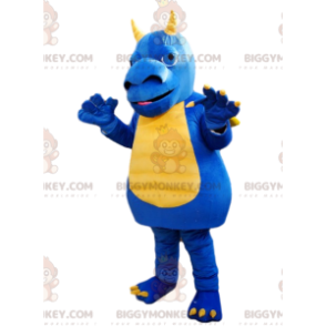 BIGGYMONKEY™ mascottekostuum blauwe en gele draak met grote