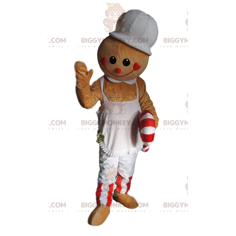 Beige Snowman BIGGYMONKEY™ Mascot Costume with Apron and Candy