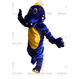 Disfraz de mascota dinosaurio azul medianoche y amarillo