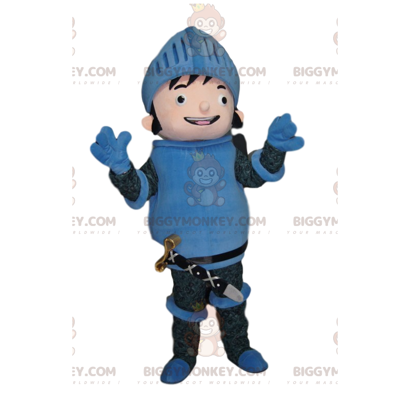 Kostium maskotka szczęśliwy rycerz w niebieskiej zbroi