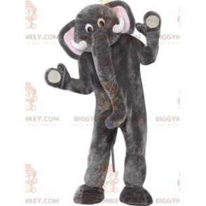 BIGGYMONKEY™ Maskotdräkt Grå och vit elefant med stor snabel -