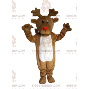 BIGGYMONKEY™ Costume da mascotte renna con naso rosso rotondo -