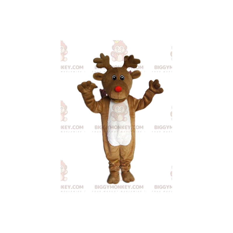 BIGGYMONKEY™ Costume da mascotte renna con naso rosso rotondo -