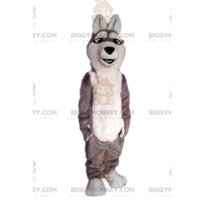 Costume mascotte BIGGYMONKEY™ cane lupo grigio e bianco. -