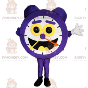 Paarse wekker BIGGYMONKEY™ mascottekostuum met enorme glimlach