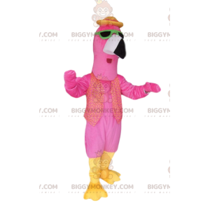 BIGGYMONKEY™ Flamingo-mascottekostuum met groene zonnebril -