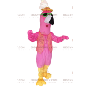 BIGGYMONKEY™ Flamingo-mascottekostuum met groene zonnebril -