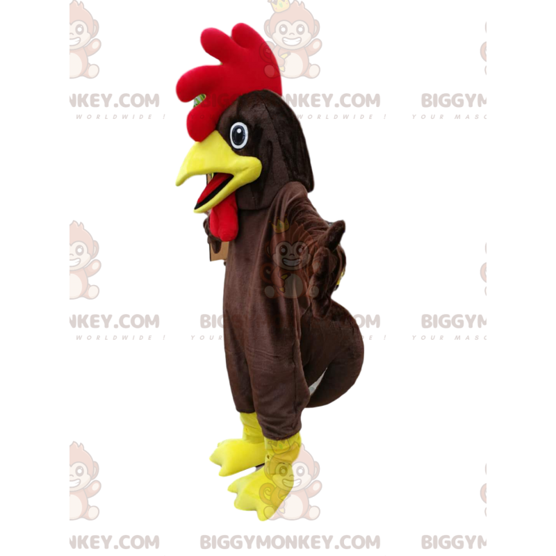 Traje de mascote de frango marrom BIGGYMONKEY™ com brasão