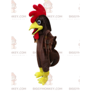 Traje de mascote de frango marrom BIGGYMONKEY™ com brasão