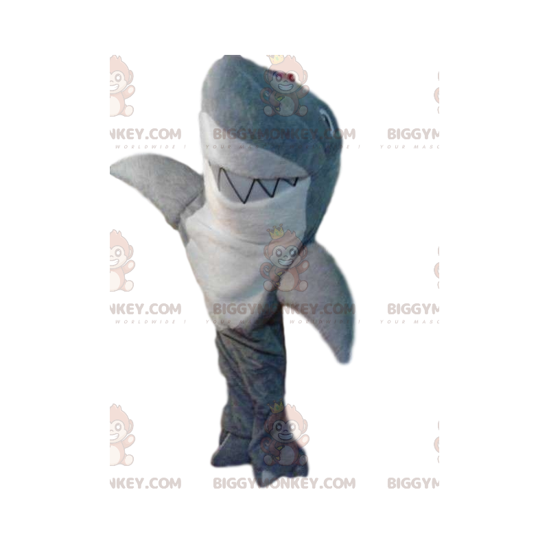 Kostium maskotka bardzo uśmiechnięty szaro-biały rekin