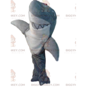 Mycket leende grå och vit haj BIGGYMONKEY™ maskotdräkt -
