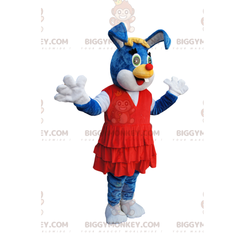 Blue Bunny BIGGYMONKEY™ Mascot Costume with Gorgeous Red Dress