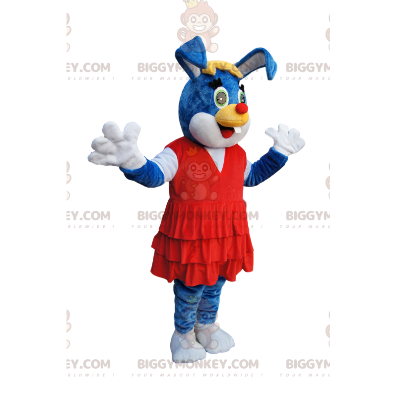 Blå kanin BIGGYMONKEY™ maskotdräkt med underbar röd klänning -