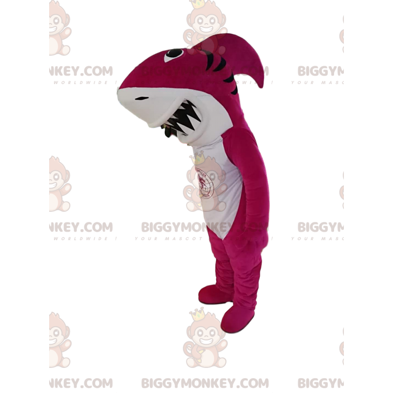 Costume de mascotte BIGGYMONKEY™ de requin fushia avec une