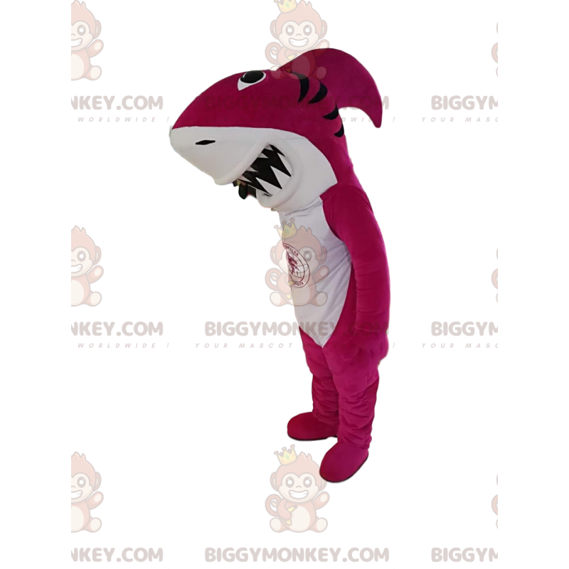 Στολή μασκότ BIGGYMONKEY™ φούξια καρχαρία με τεράστιο σαγόνι -