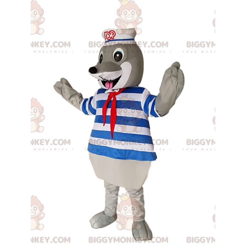 Traje de mascote Gray Seal BIGGYMONKEY™ com maiô e chapéu de