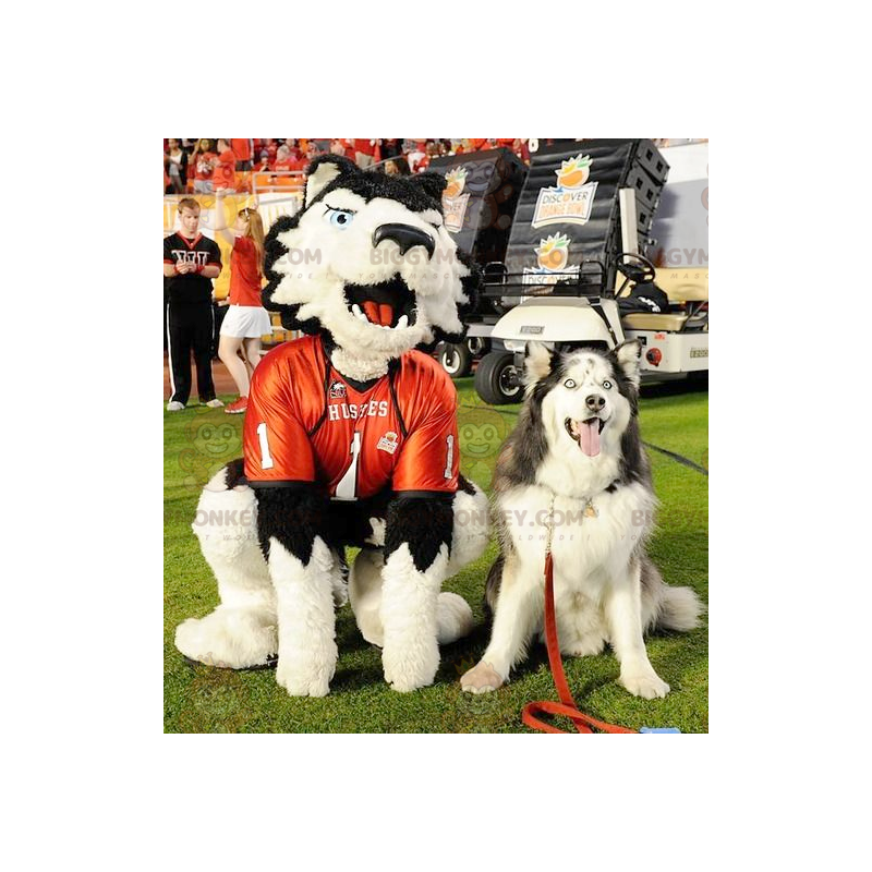 BIGGYMONKEY™ maskotkostume Hvid og sort hund med blå øjne -