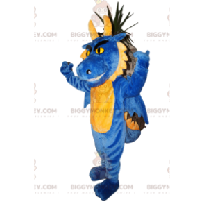 Aggressiv blå och gul drake BIGGYMONKEY™ maskotdräkt -