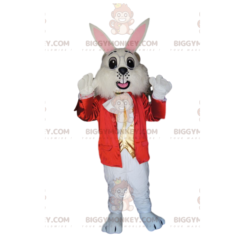 Bunny BIGGYMONKEY™ maskotdräkt med snygg röd jacka och glasögon