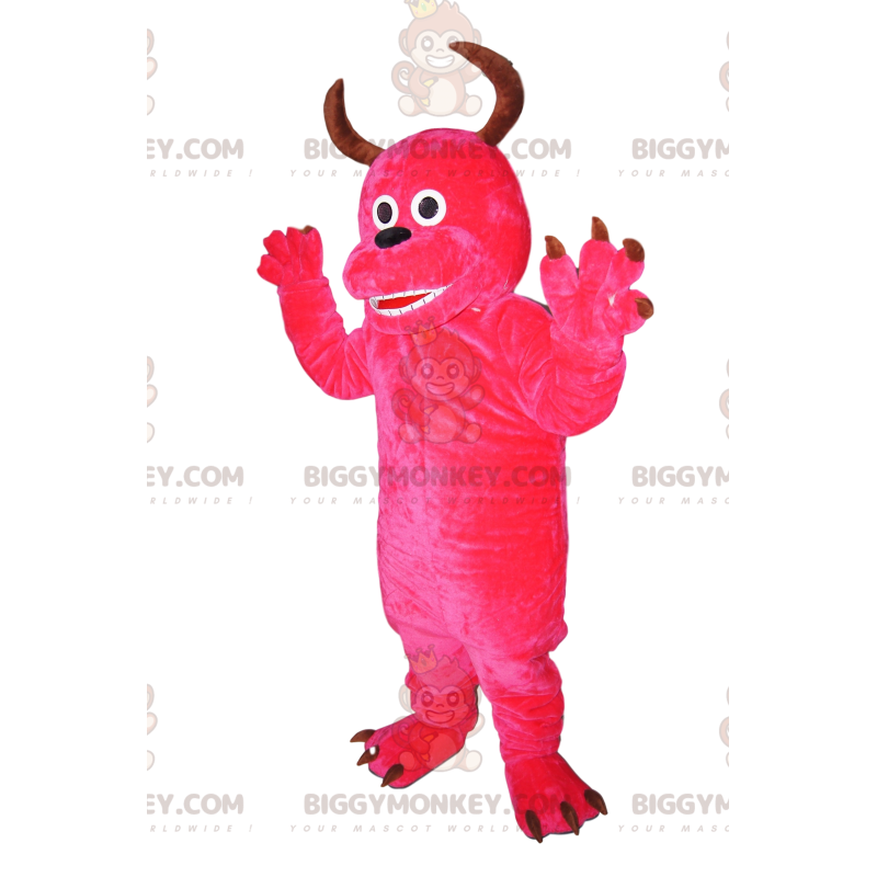 Speels fuchsia monster met hoorns BIGGYMONKEY™ mascottekostuum