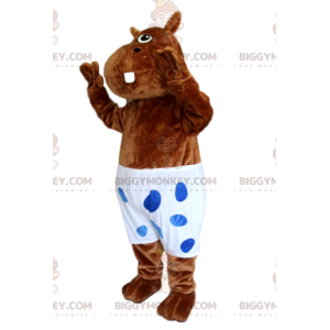 Bruin nijlpaard BIGGYMONKEY™ mascottekostuum met wit badpak met