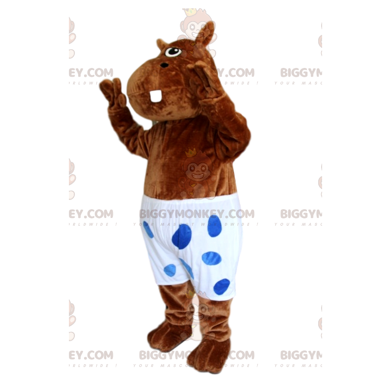 Bruin nijlpaard BIGGYMONKEY™ mascottekostuum met wit badpak met