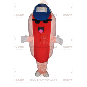 Hot dog BIGGYMONKEY™ maskottiasu, jossa lippis ja aurinkolasit